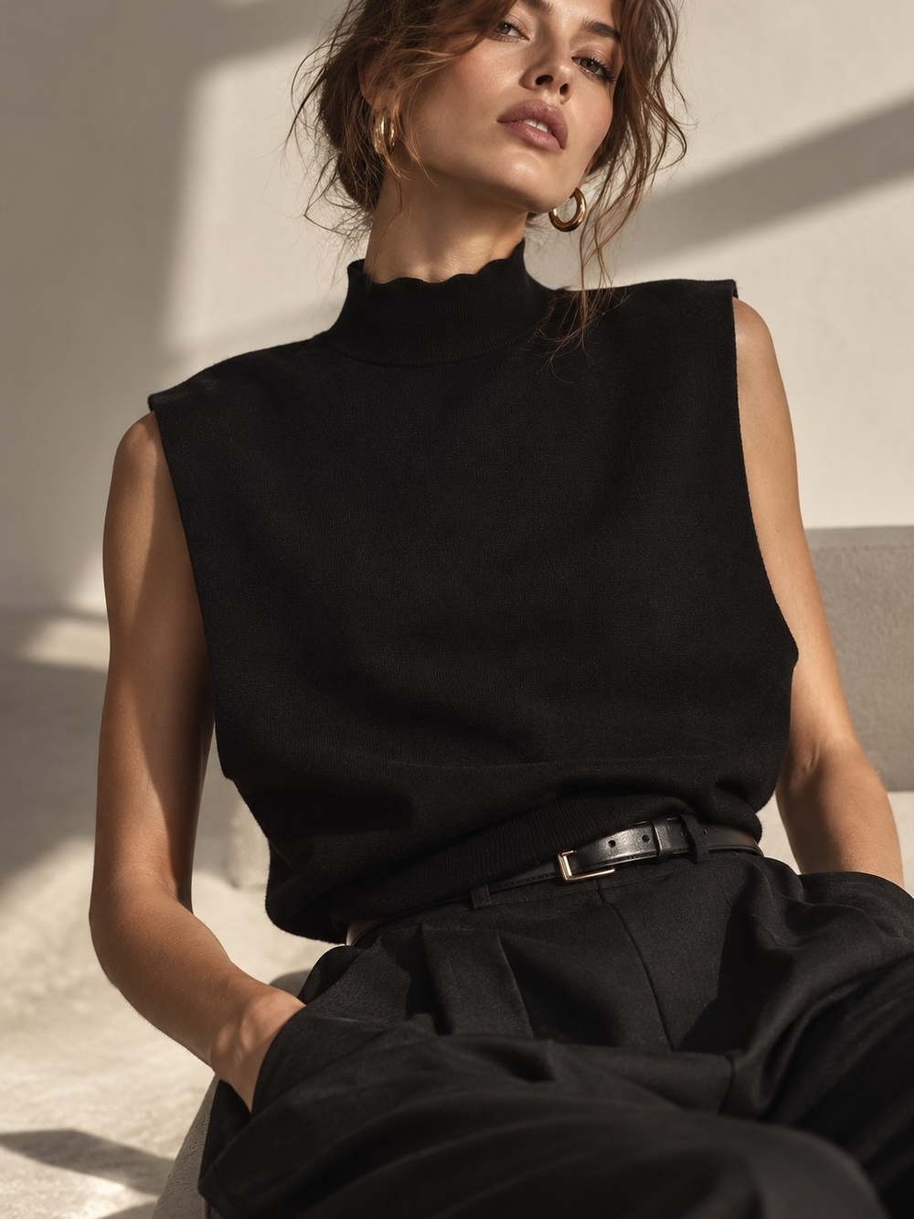 COMMENSE Black Sleeveless Mock Neck Sculptural Knit Top/ Like New 🖤